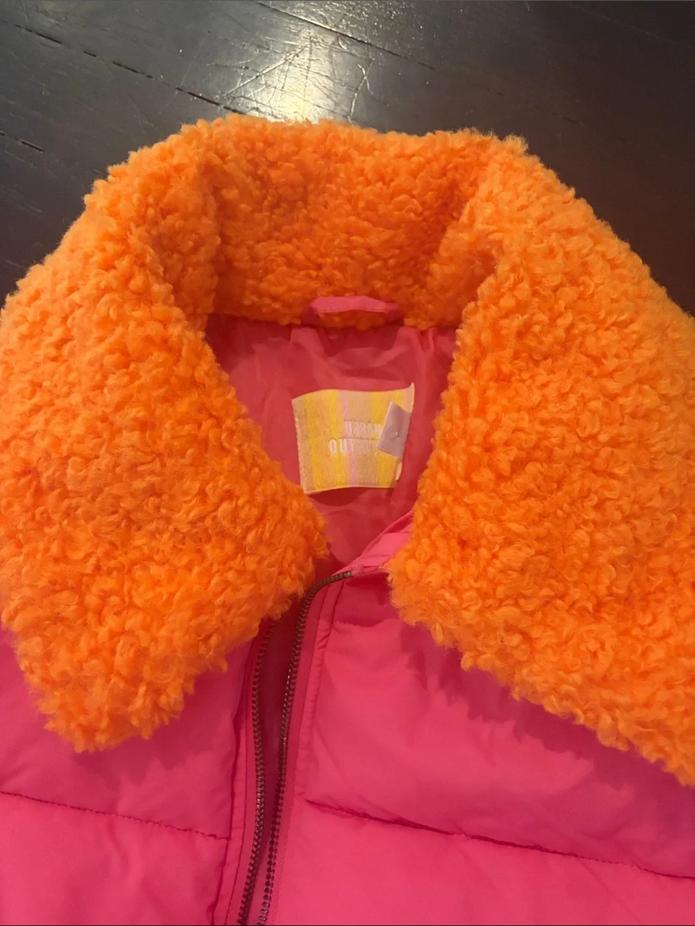 Urban Outfitters Hot Pink Puffer with Bright Orange Sherpa Collar. Like new